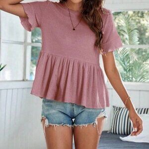 NWOT SHEIN Pink Waffle Knit Peplum Short Sleeve Top Size Small